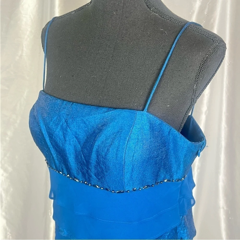 Y2K Prom Blue Tiered Mini Dress 14P Satin & Chiffon Ruffles